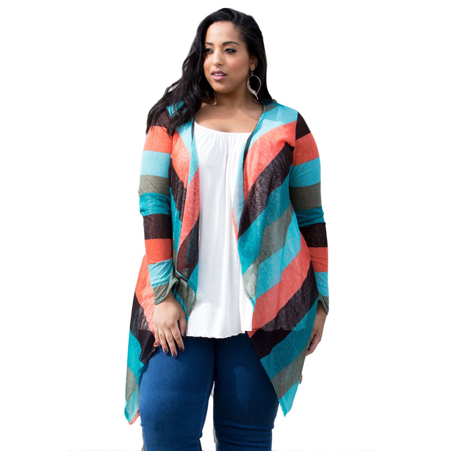 Womens Plus Size Kylie Multi striped Semi Sheer Cardigan