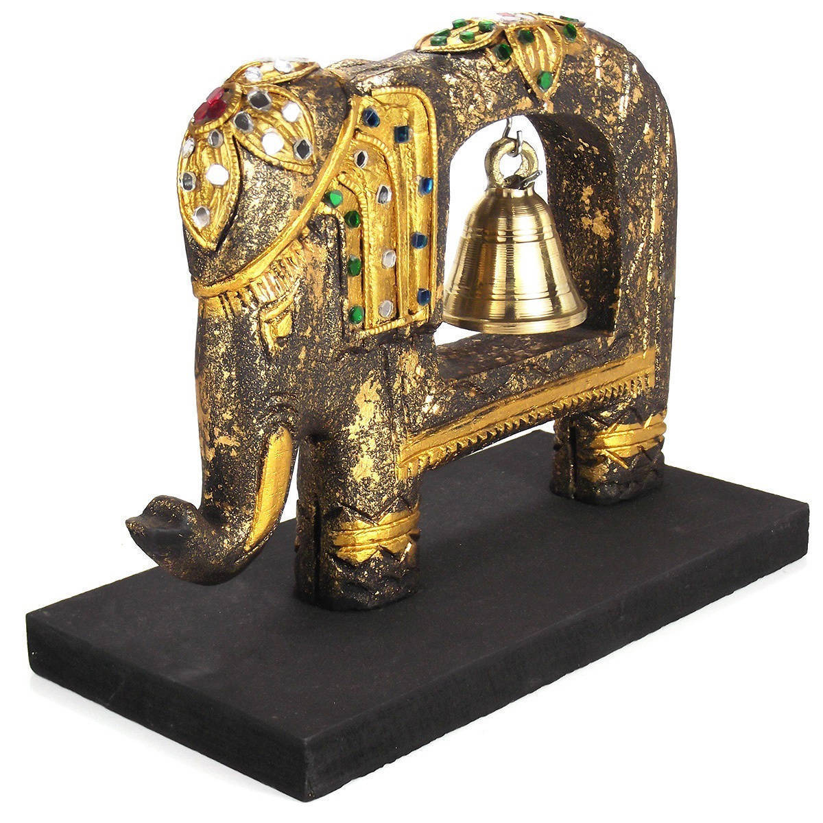 Standing Wooden Elephant with Brass Bell Natural Finish Handcarved in Thailand 