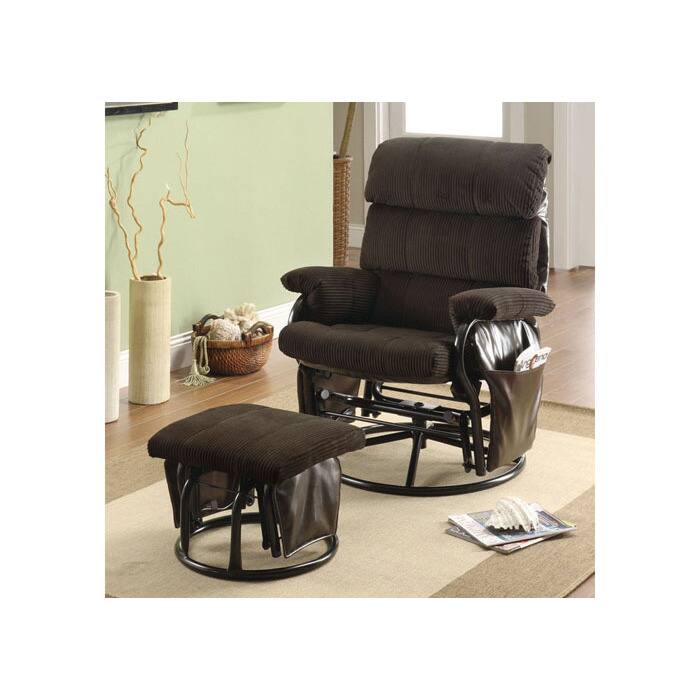 Chocolate Corduroy and Leatherette Swivel Rocker Recliner with Ottoman
