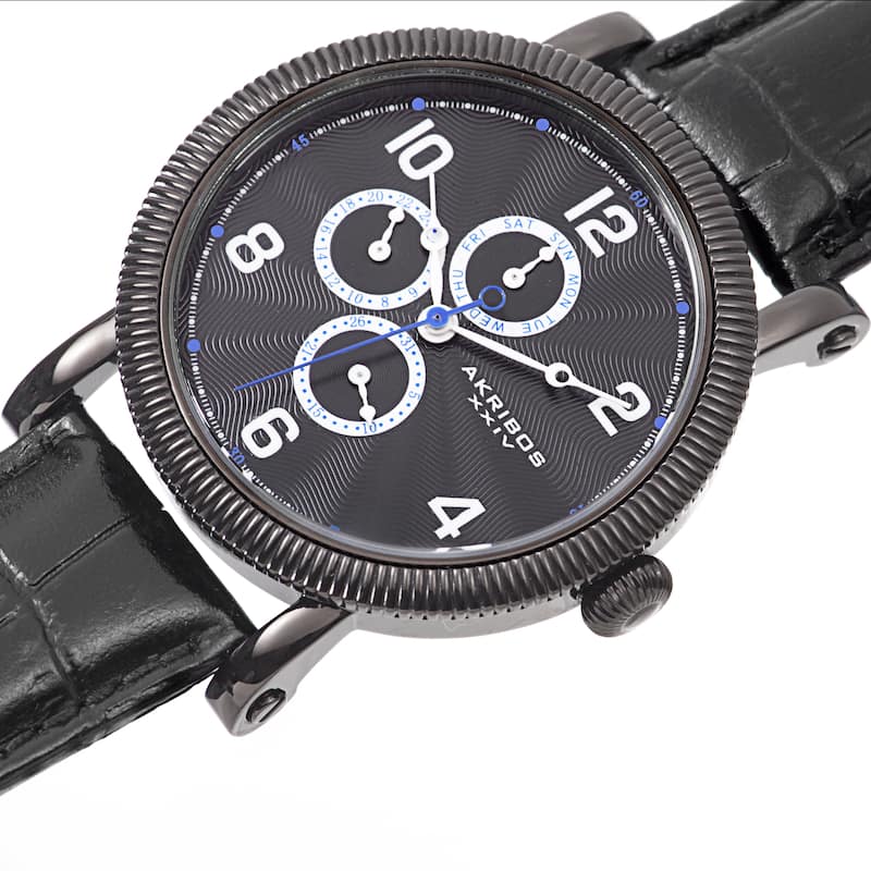 Akribos XXIV Men's Multifunction Embossed Dial Leather Black Strap Watch