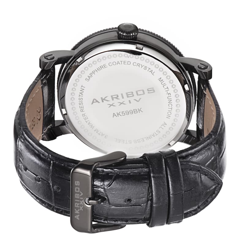 Akribos XXIV Men's Multifunction Embossed Dial Leather Black Strap Watch