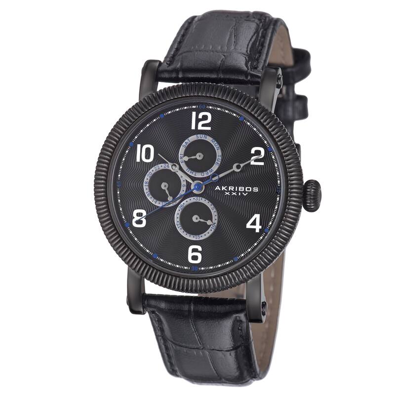 Akribos XXIV Men's Multifunction Embossed Dial Leather Black Strap Watch