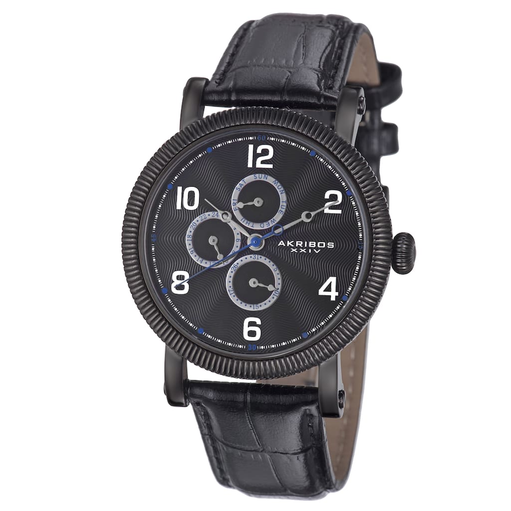 Akribos XXIV Men's Multifunction Embossed Dial Leather Black Strap Watch