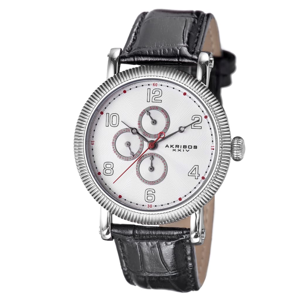 Akribos XXIV Men's Multifunction Embossed Dial Leather White Strap Watch