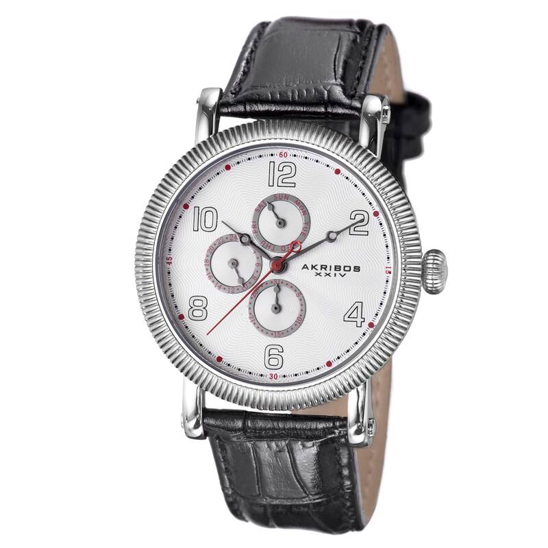 Akribos XXIV Men's Multifunction Embossed Dial Leather White Strap Watch