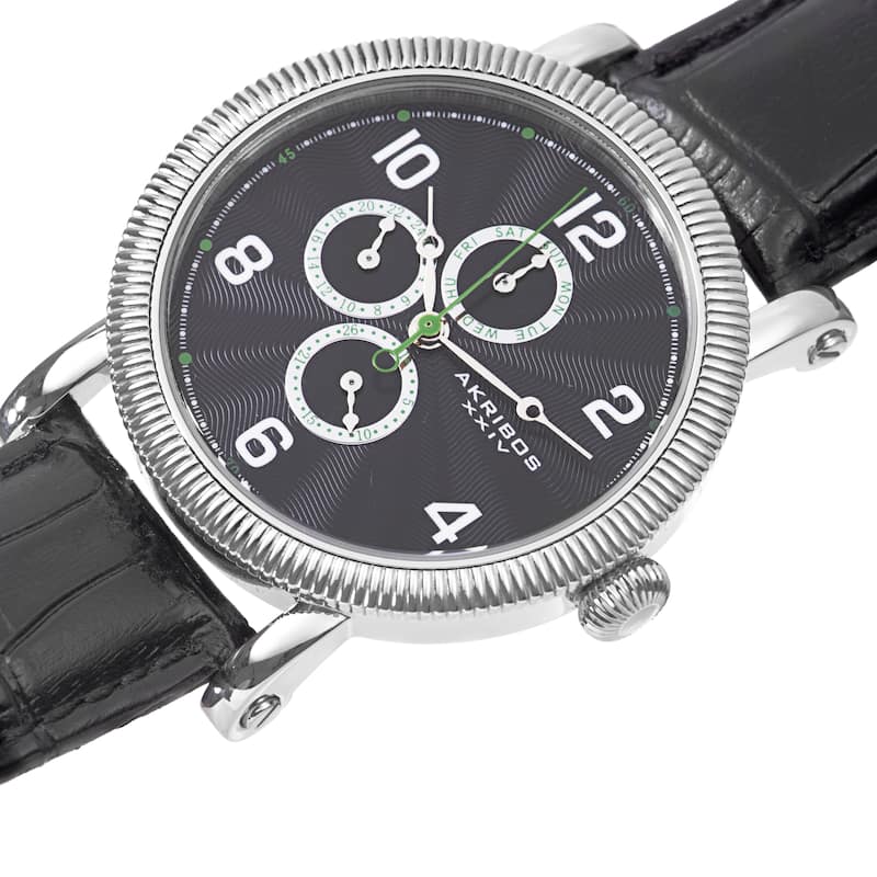 Akribos XXIV Men's Multifunction Embossed Dial Leather Silver-Tone Strap Watch