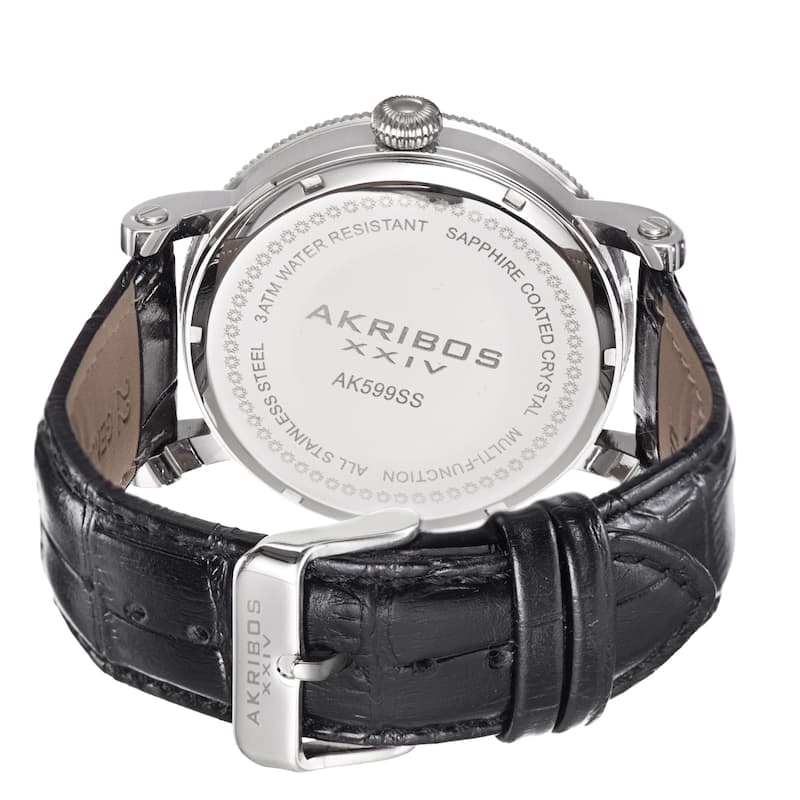 Akribos XXIV Men's Multifunction Embossed Dial Leather Silver-Tone Strap Watch