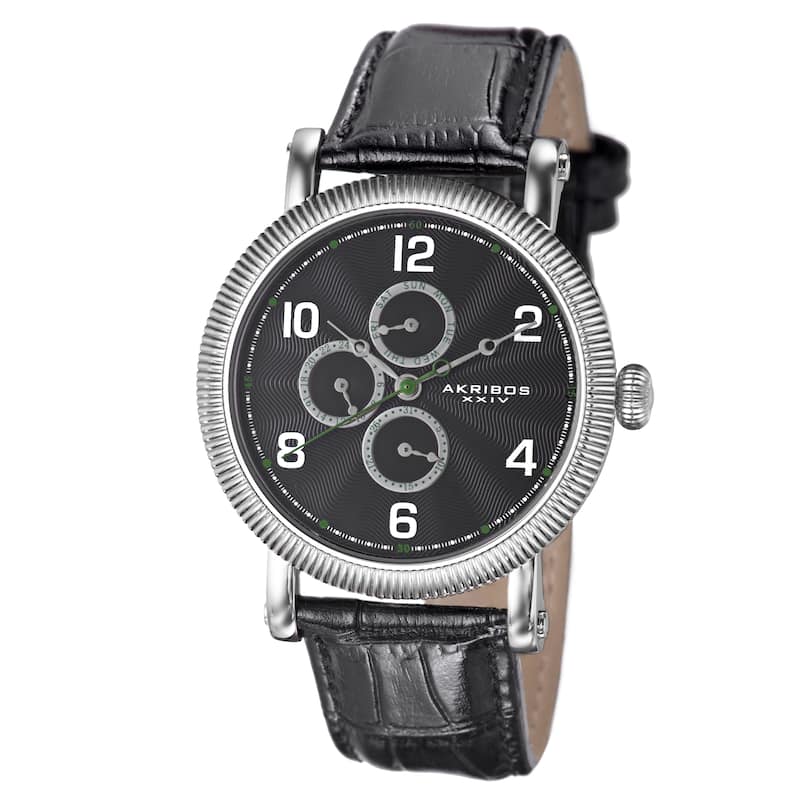 Akribos XXIV Men's Multifunction Embossed Dial Leather Silver-Tone Strap Watch