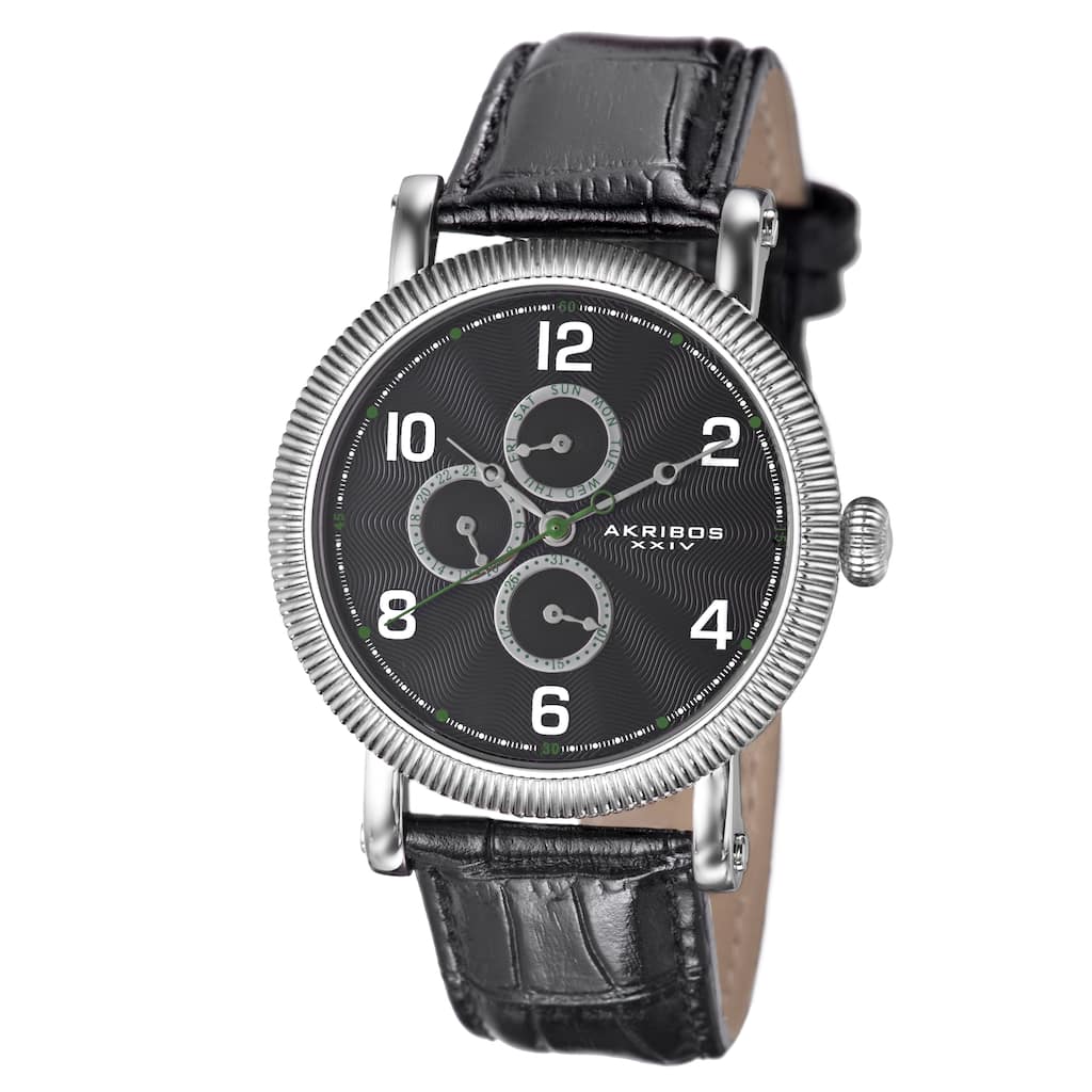 Akribos XXIV Men's Multifunction Embossed Dial Leather Silver-Tone Strap Watch