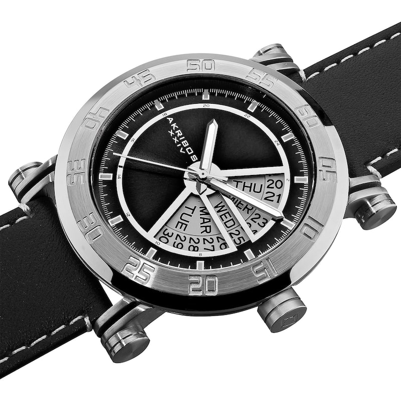 Akribos XXIV Men's Stainless Steel Quartz Day Date Black Strap Watch