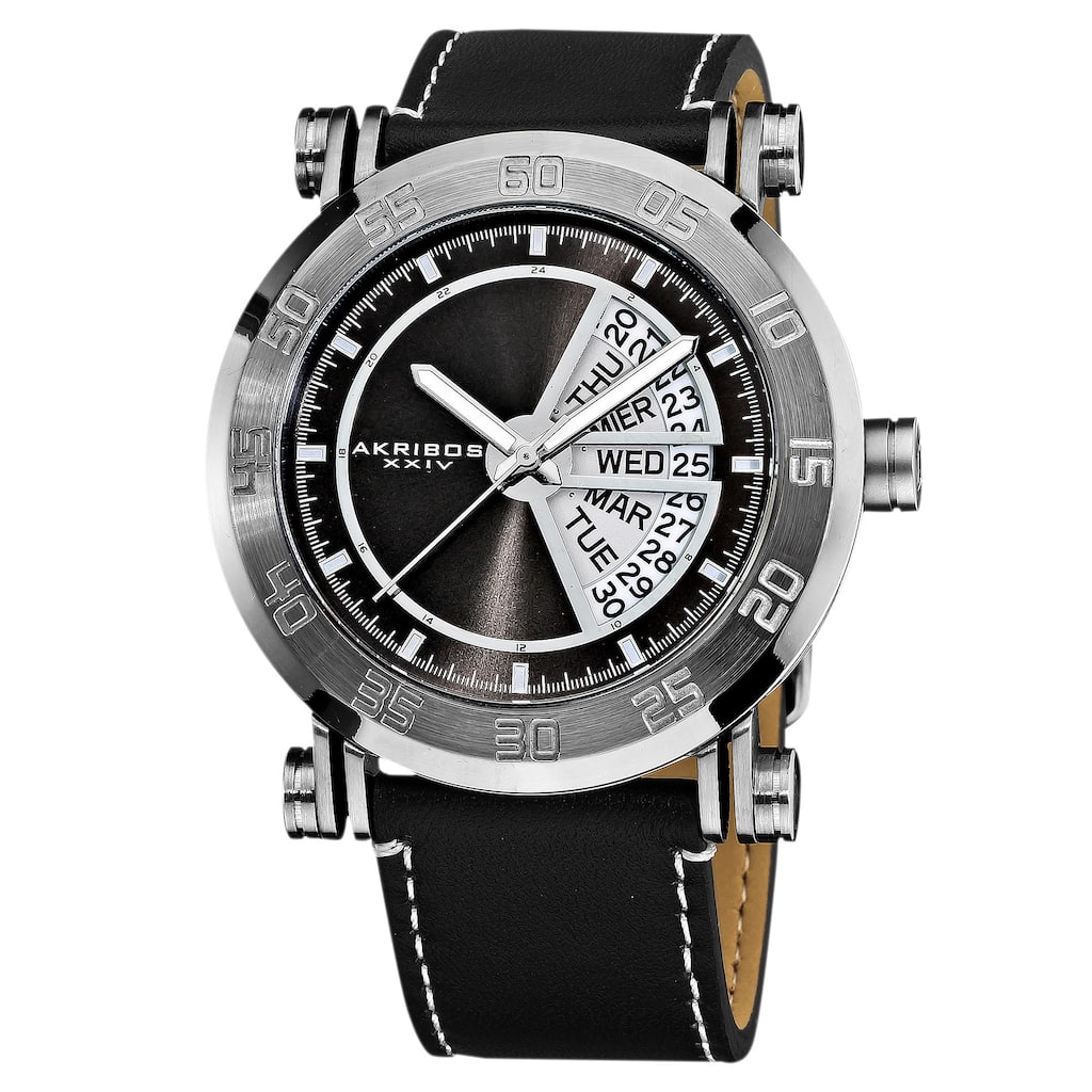 Akribos XXIV Men's Stainless Steel Quartz Day Date Black Strap Watch