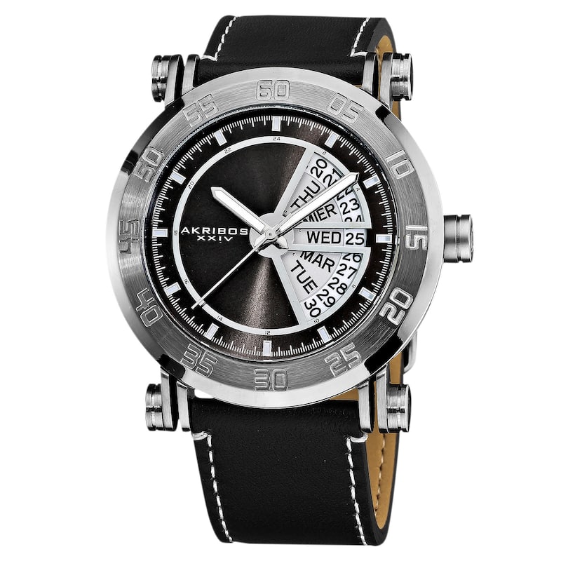 Akribos XXIV Men's Stainless Steel Quartz Day Date Black Strap Watch