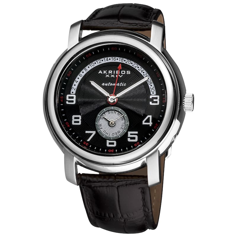 Akribos XXIV Men's Automatic Retrograde Date Leather Black Strap Watch