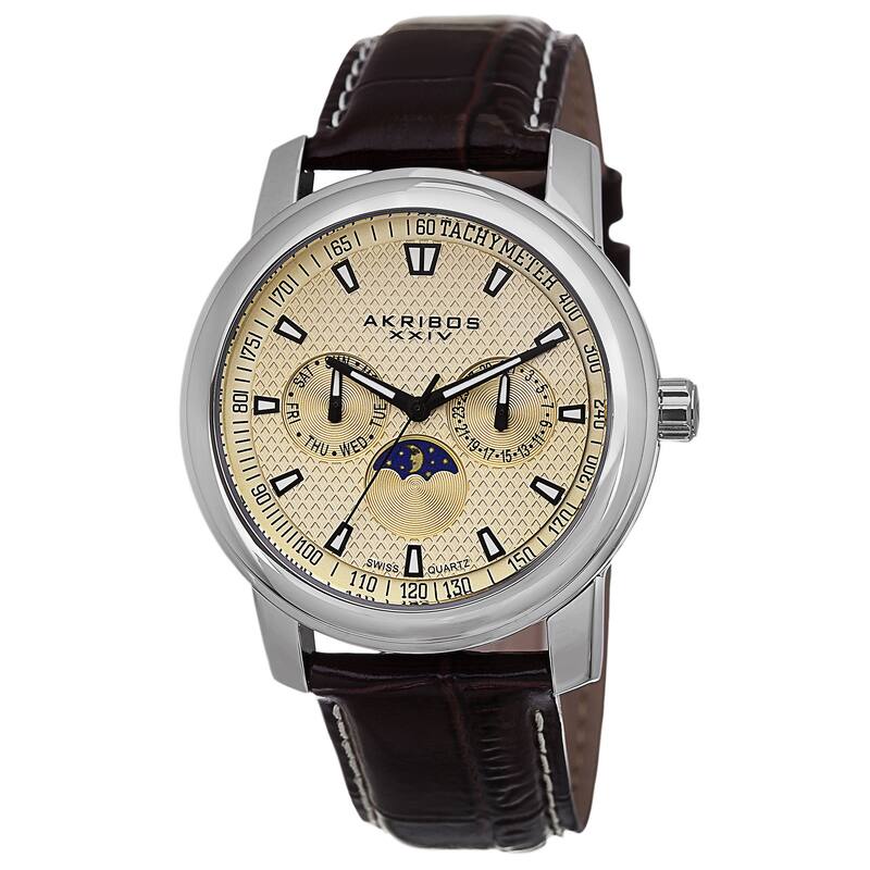 Akribos XXIV Men's Swiss Quartz Moon Phase Multifunction Brown Strap Watch