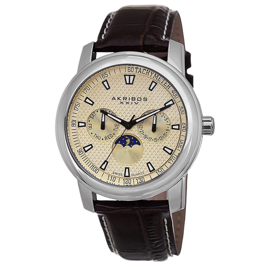 Akribos XXIV Men's Swiss Quartz Moon Phase Multifunction Brown Strap Watch