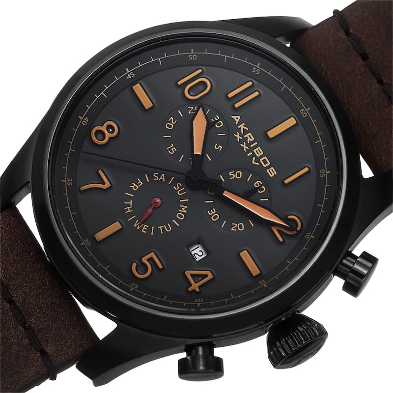 Akribos XXIV Men's Swiss Quartz Chronograph Leather Black Strap Watch