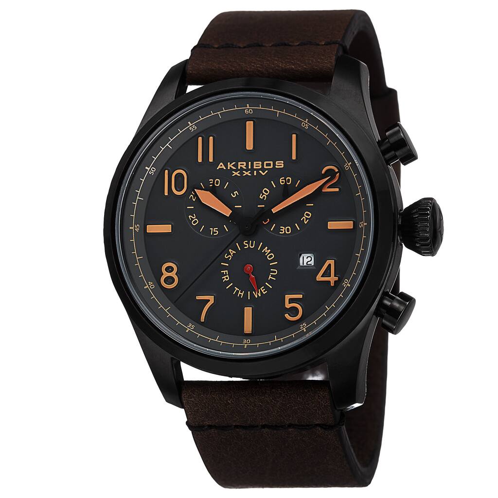 Akribos XXIV Men's Swiss Quartz Chronograph Leather Black Strap Watch