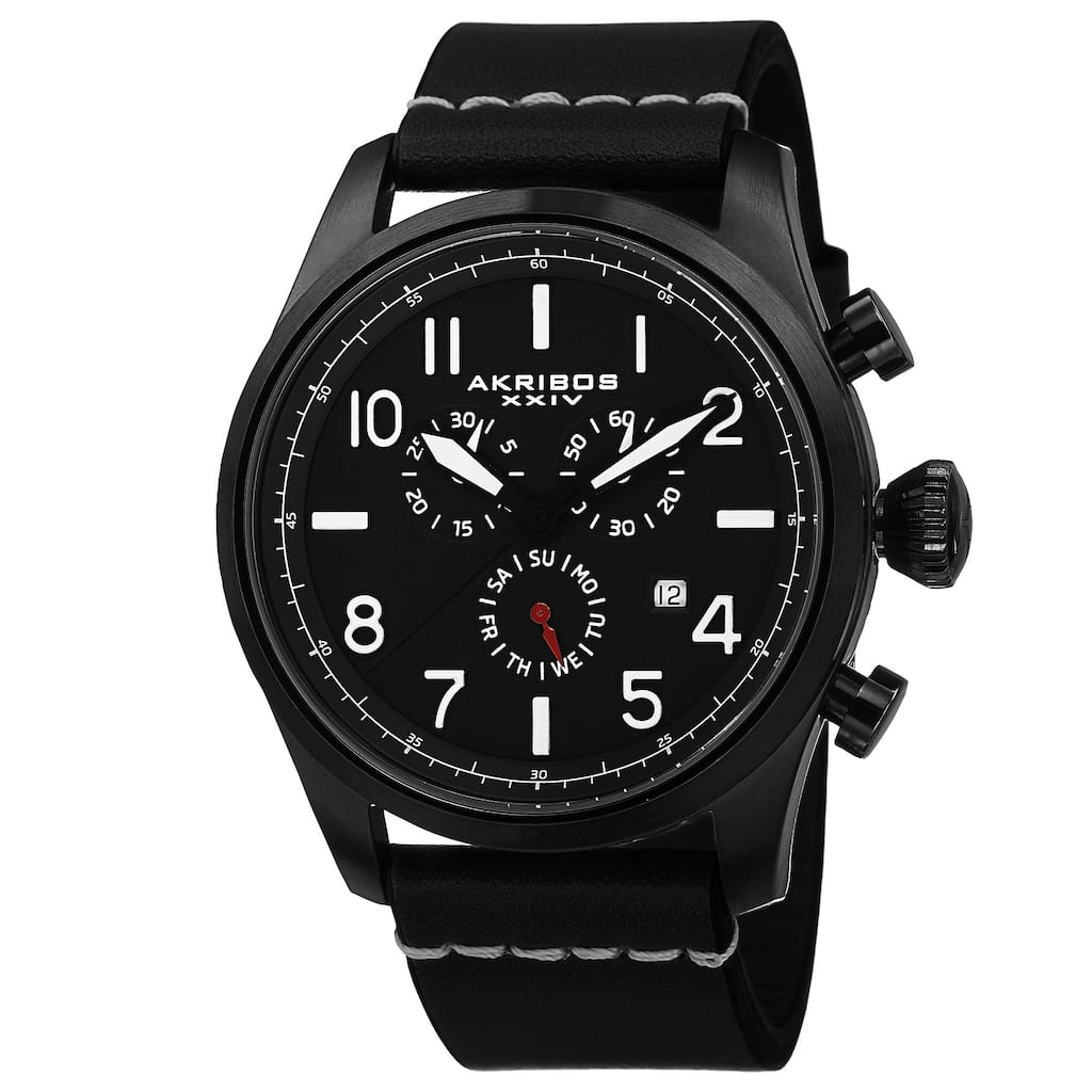Akribos XXIV Men's Swiss Quartz Chronograph Leather Black Strap Watch
