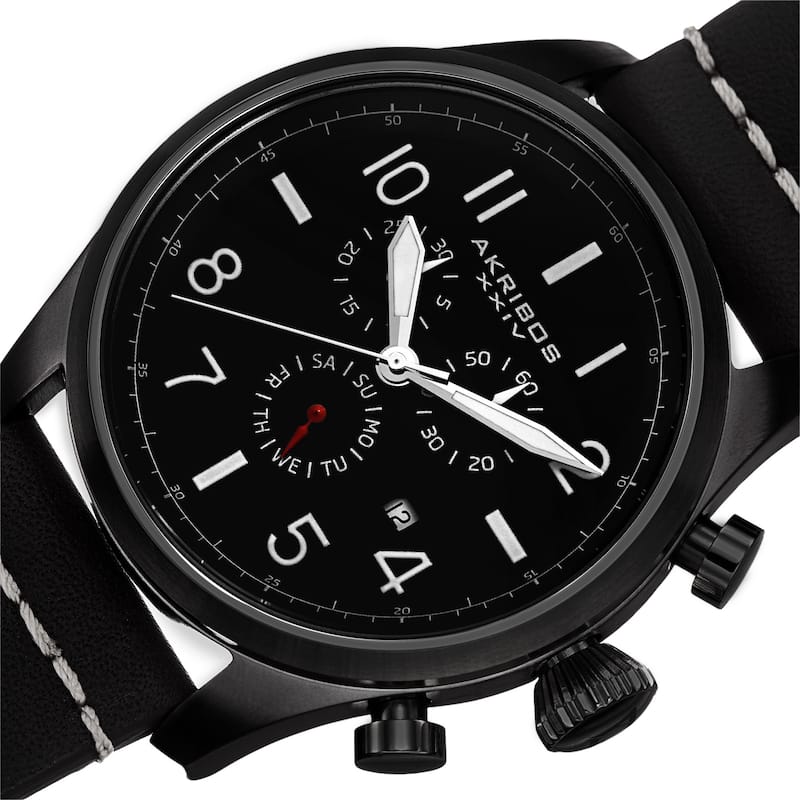 Akribos XXIV Men's Swiss Quartz Chronograph Leather Black Strap Watch