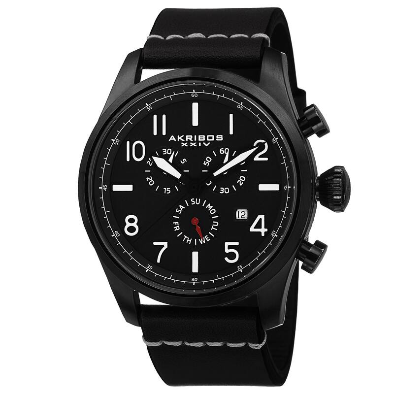 Akribos XXIV Men's Swiss Quartz Chronograph Leather Black Strap Watch