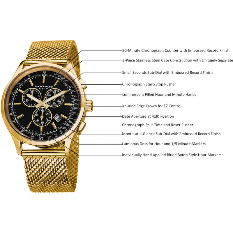 Akribos XXIV Men's Swiss Quartz Chronograph Mesh Stainless Steel Strap Bracelet