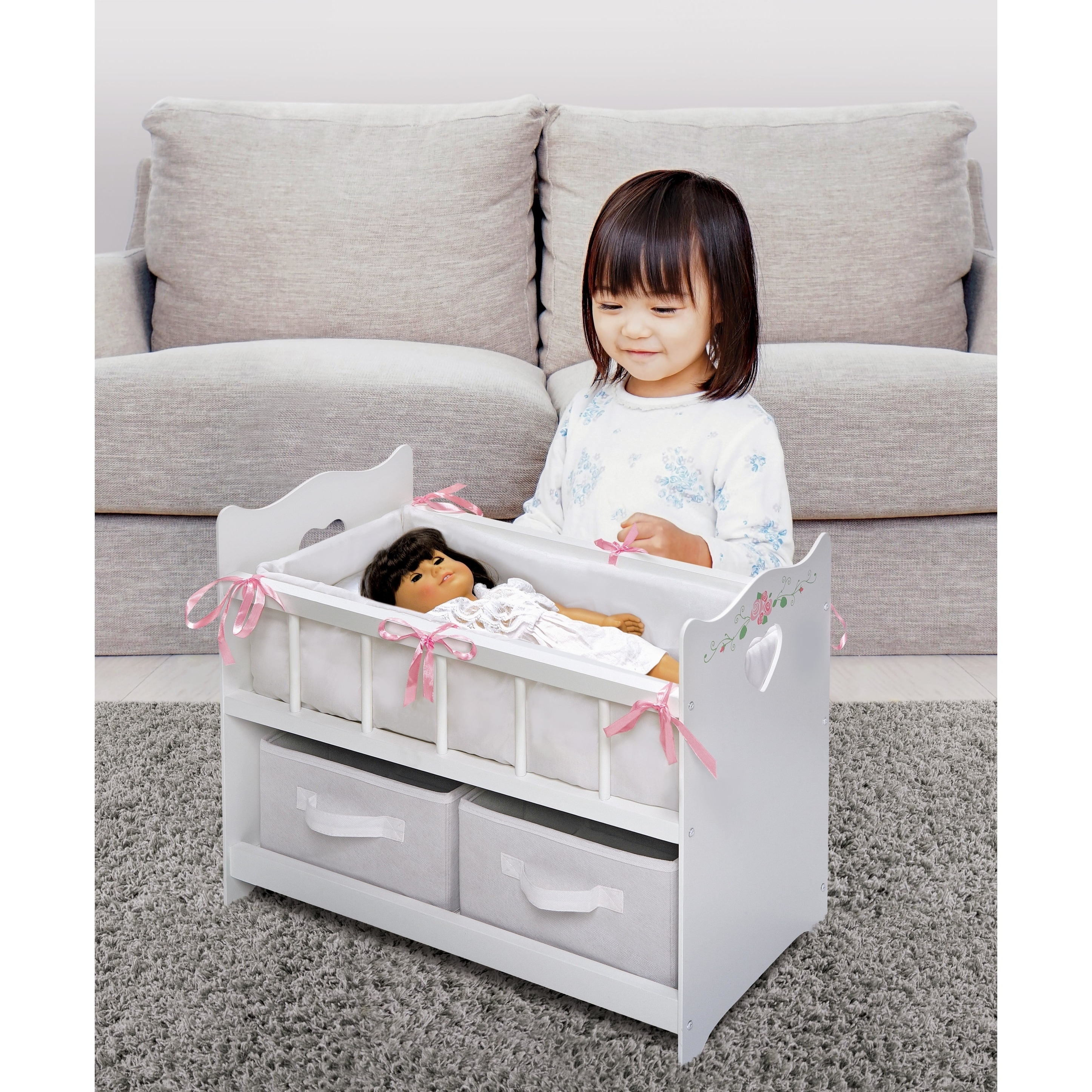 Badger Basket White Rose Doll Crib with Baskets