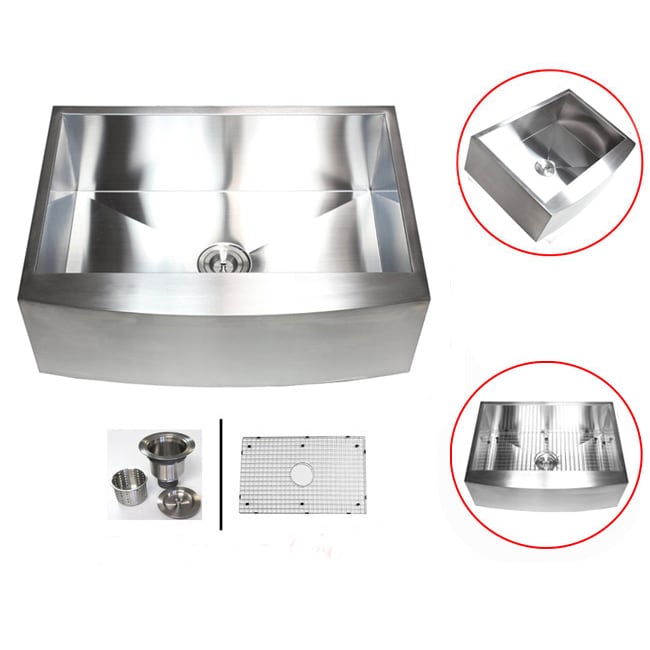 33 Inch Farmhouse Apron Front Stainless Steel Kitchen Sink Package 16 Gauge Curved Front Double Bowl Basin Complete Sink Pack Bonus Kitchen Accessories