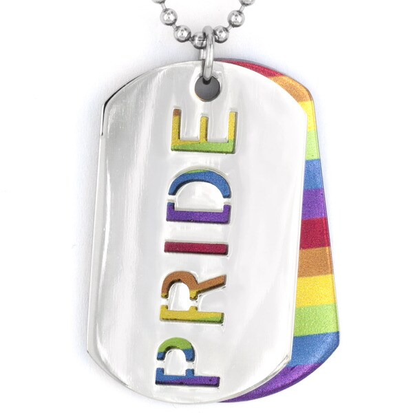Stainless Steel Double Dog Tag with Horizontal Rainbow and Carved Out 'PRIDE' Pendant