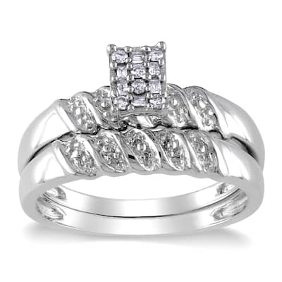 Miadora Sterling Silver 1/10ct TDW Baguette and Round-cut Diamond Cluster Bridal Ring Set