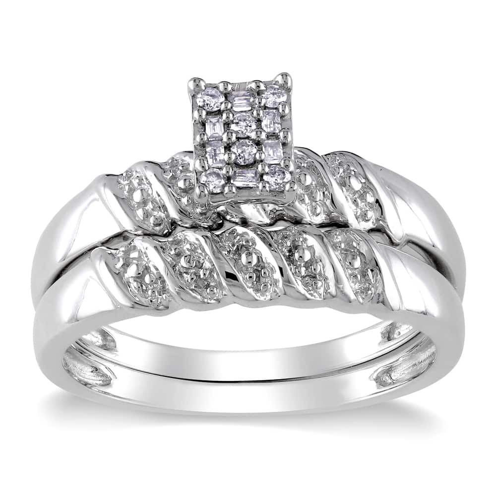 Miadora Sterling Silver 1/10ct TDW Baguette and Round-cut Diamond Cluster Bridal Ring Set