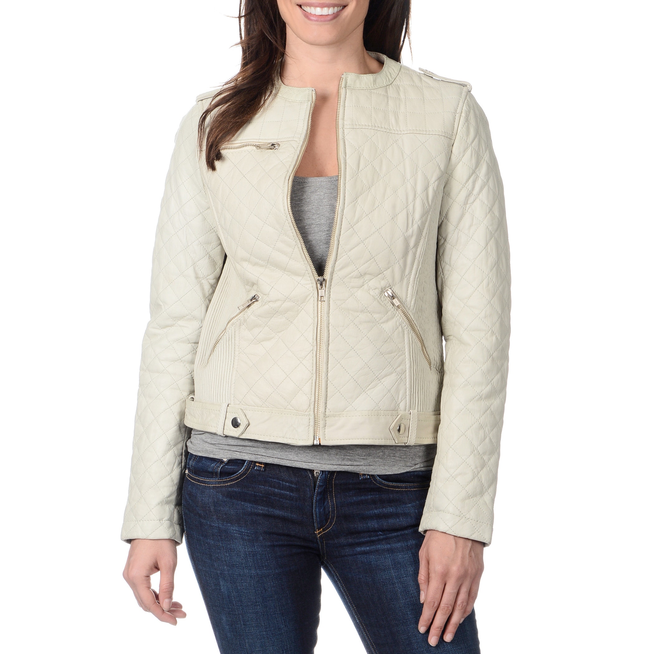 cream quilted leather jacket