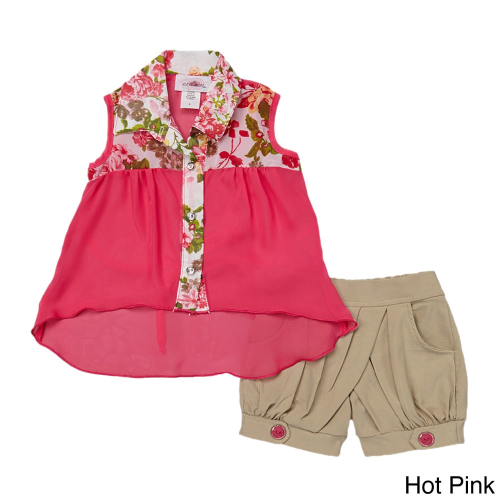 Toddler/ Girls Floral Button up Tank And Tan Shorts Set