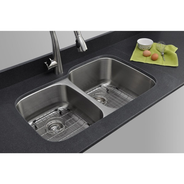 Wells Sinkware Craftsmen Series 32-inch 16-gauge Undermount 40-60 Double Bowl Stainless Steel Kitchen Sink Package