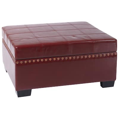 Contemporary Bonded Leather Storage Ottoman with Solid Wood Legs