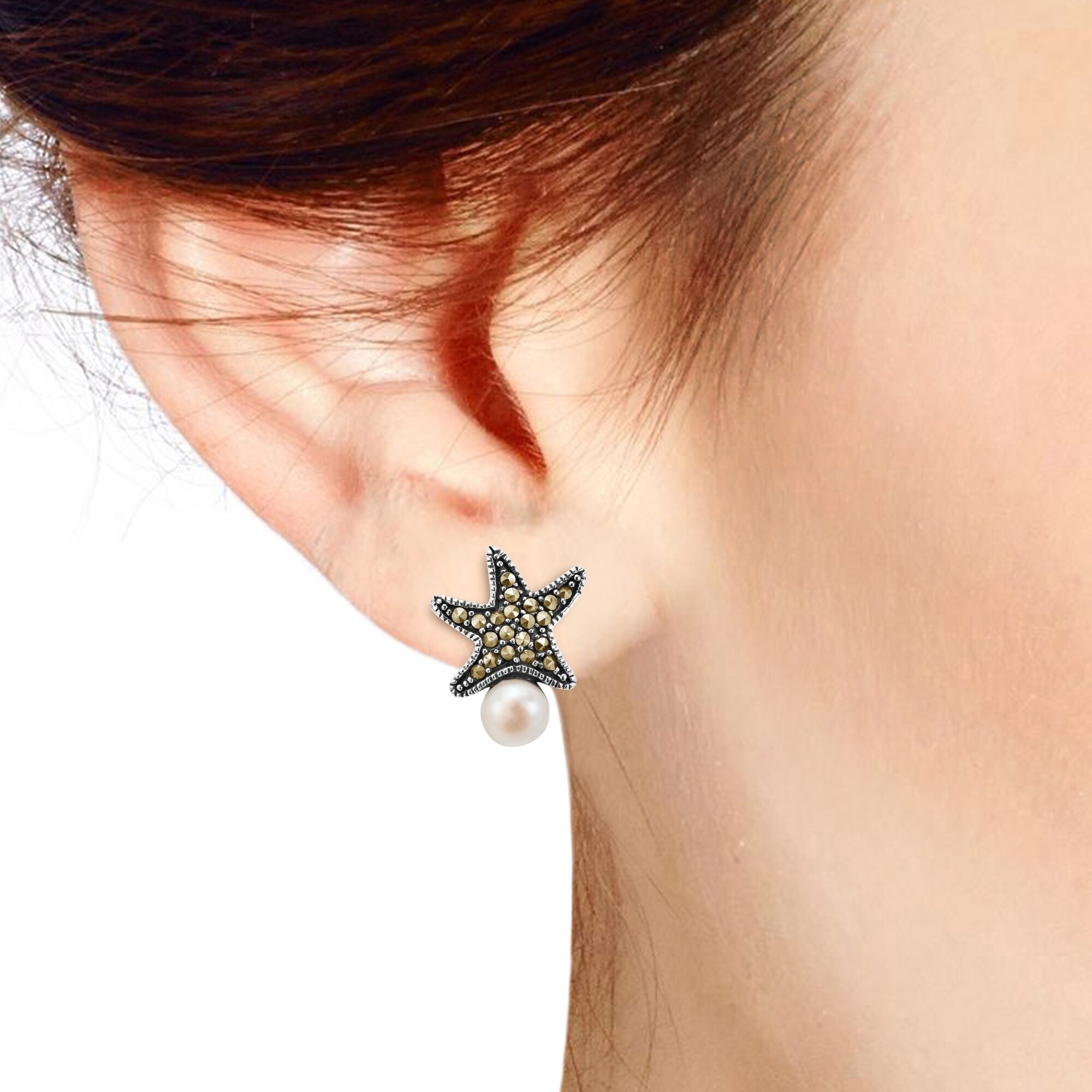 Timeless Magic Starfish Cultured Freshwater Pearl Marcasite Style Pyrite .925 Silver Earrings Timeless Magic Starfish Cultured Freshwater Pearl Marcasite Style Pyrite .925 Silver Earrings