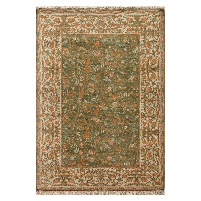 Hand knotted Green Floral Pattern Wool Rug (6 X 9)