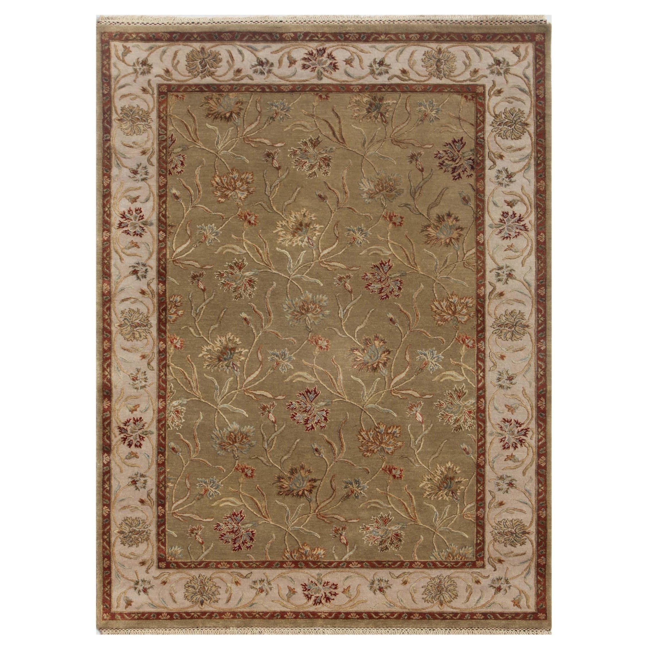 Hand knotted Green Floral Pattern Wool/ Silk Rug (8x10)