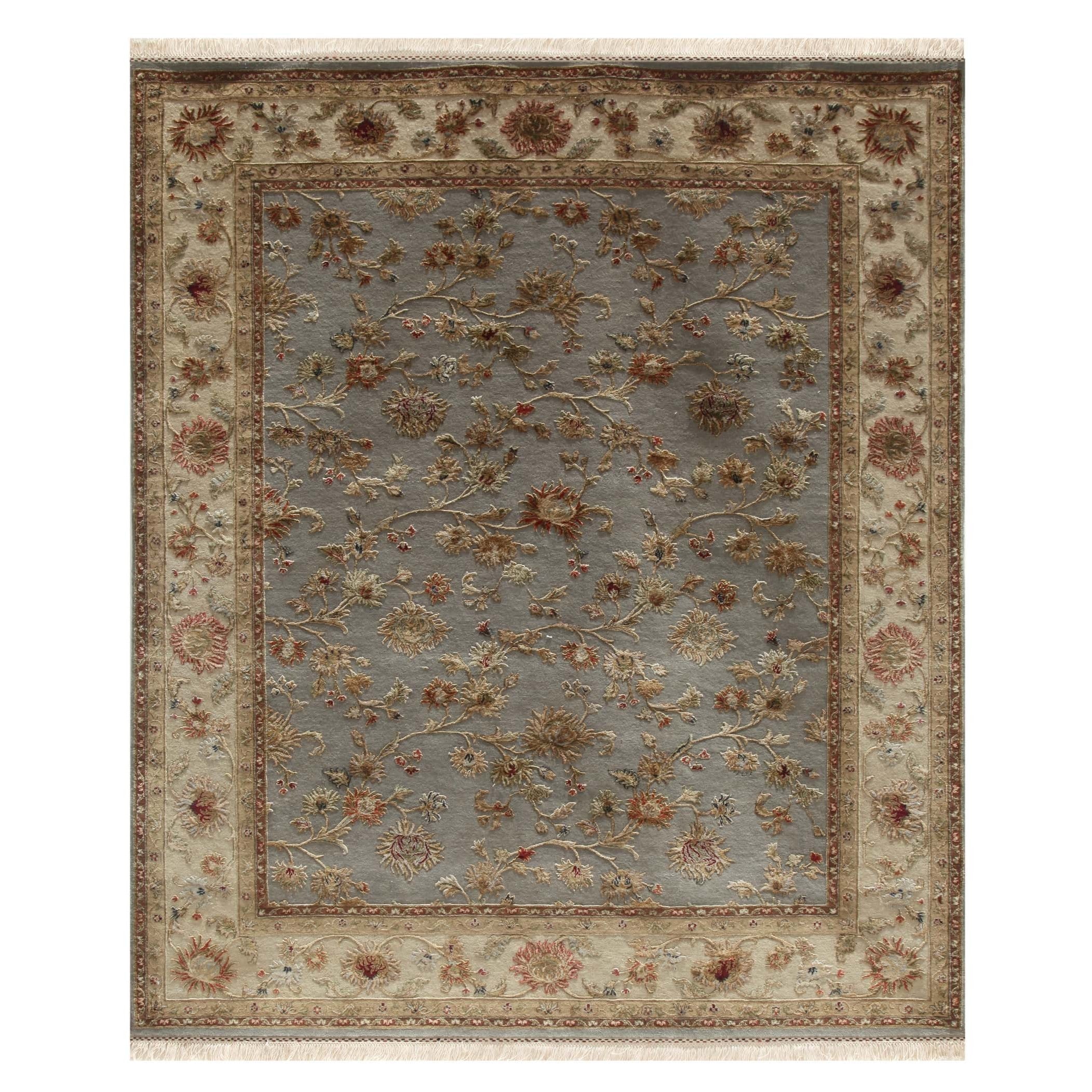 Hand knotted Blue Floral Pattern Wool/ Silk Rug (8 X 10)