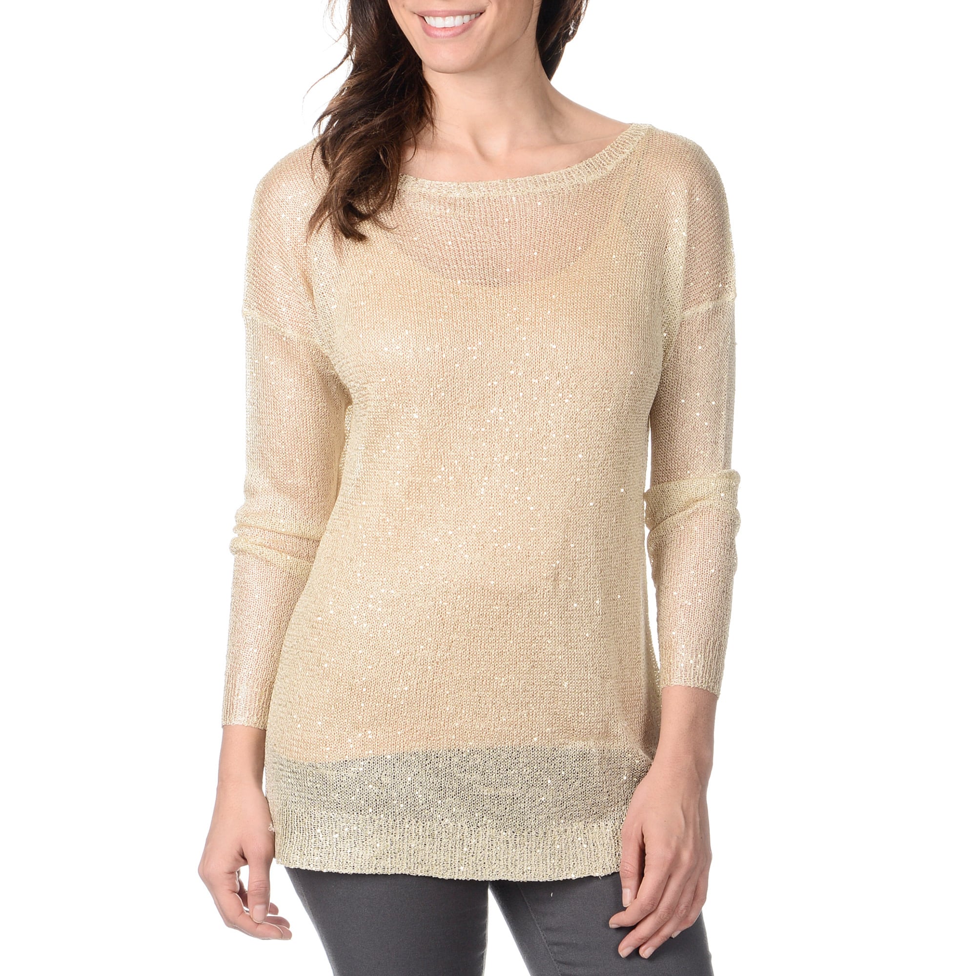 Yal New York Womens Beige Crochet And Sequins Lightweight Sweater