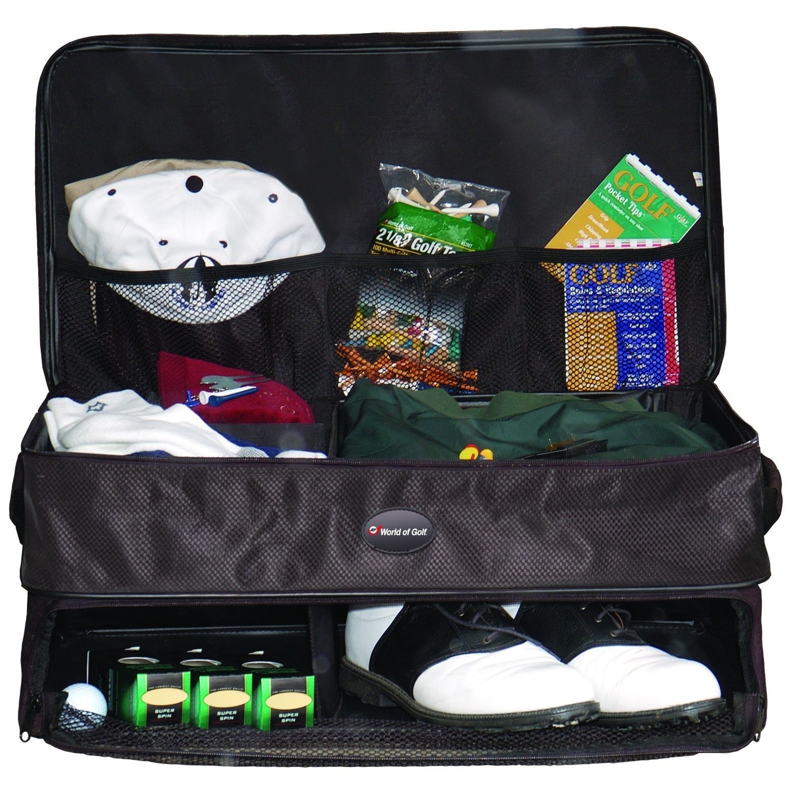 Double Layer Golf Supply Trunk Organizer (BlackDimensions 3 inches high x 20 inches wide x 14.6 inches deepWeight 3.6 pounds )