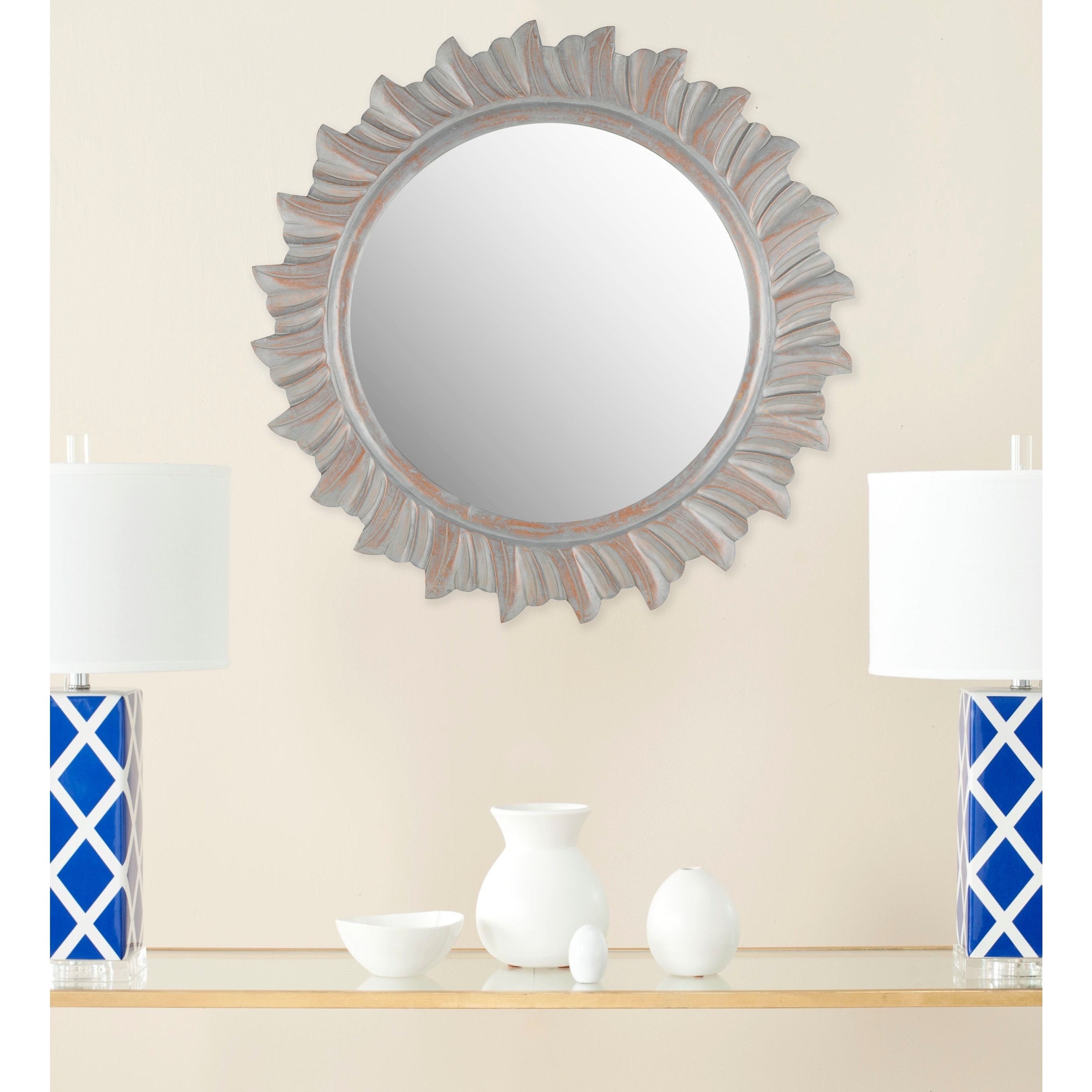 Safavieh By The Sea Burst Grey Mirror (Grey Materials Finish Grey Dimensions 29 inches high x 29 inches wide x 0.79 inches deepMirror Only Dimensions 20 inches diameterThis product will ship to you in 1 box.Furniture arrives fully assembled )