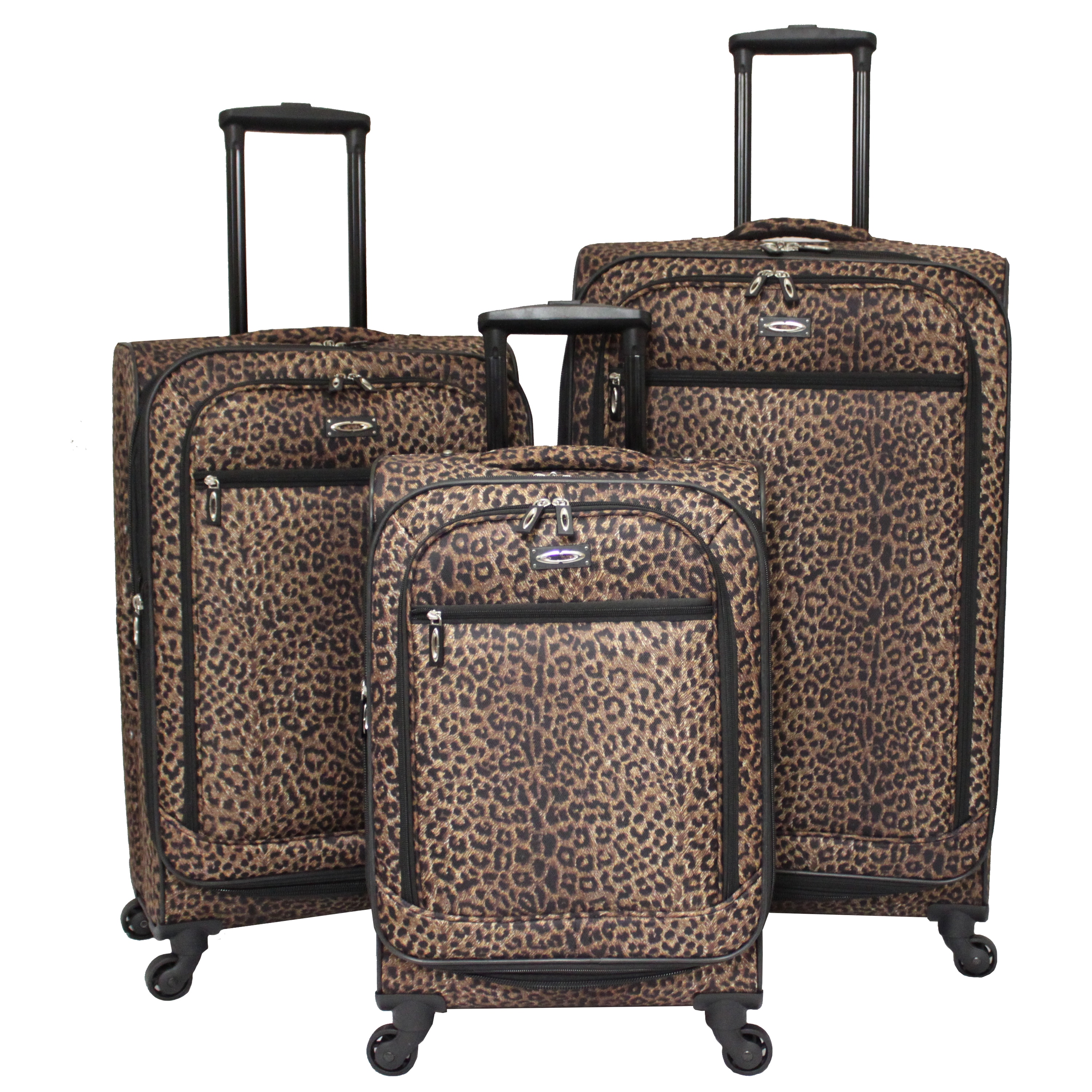 Cheetah 3 piece Expandable Spinner Polyester Luggage Set (Polyester jacquardPockets Front exterior pocket, interior mesh pocketTop carrying handlesWheeled YesWheeled type 360 degree rolling ball bearingDesigner print easy to identify when travelingSpac