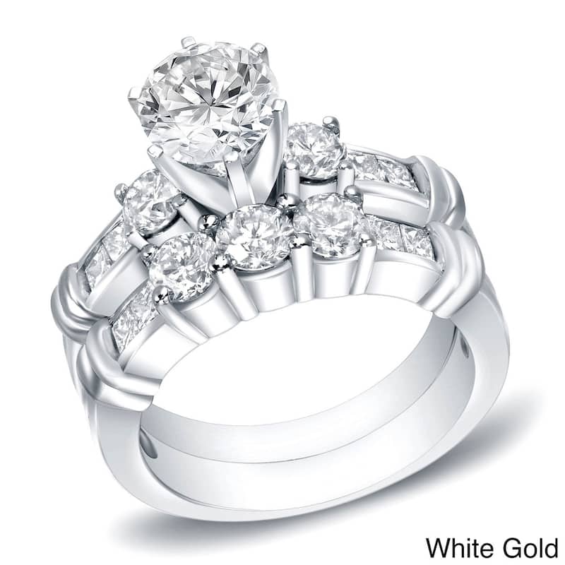Auriya 14k Gold 2 1/3ctw 3-stone Diamond Engagement Ring Set - 4 - White