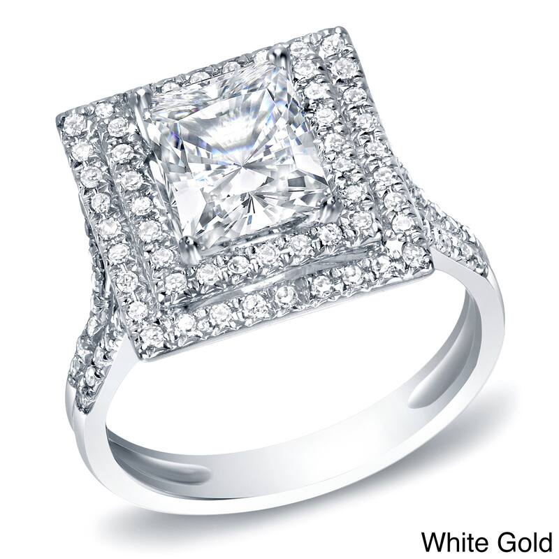 Auriya 14k Gold Modern 1 1/2ctw Double Halo Princess-cut Diamond Engagement Ring - 4 - White