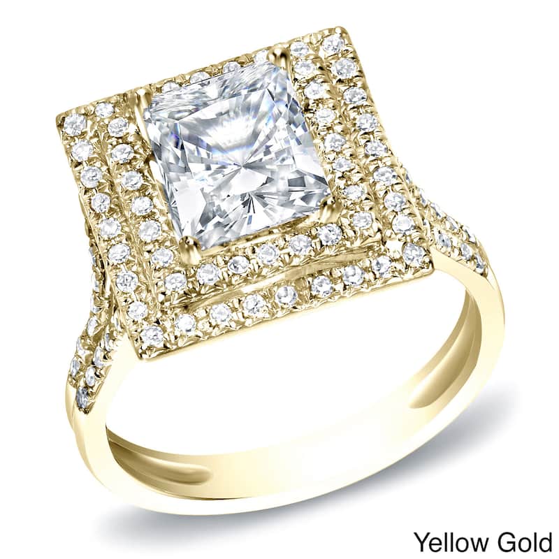 Auriya 14k Gold Modern 1 1/2ctw Double Halo Princess-cut Diamond Engagement Ring - 4 - Yellow