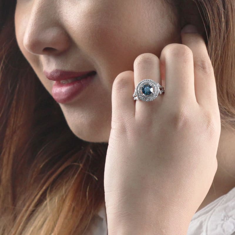 Auriya 14k Gold 1 3/4ctw Round Double Halo Blue Diamond Engagement Ring