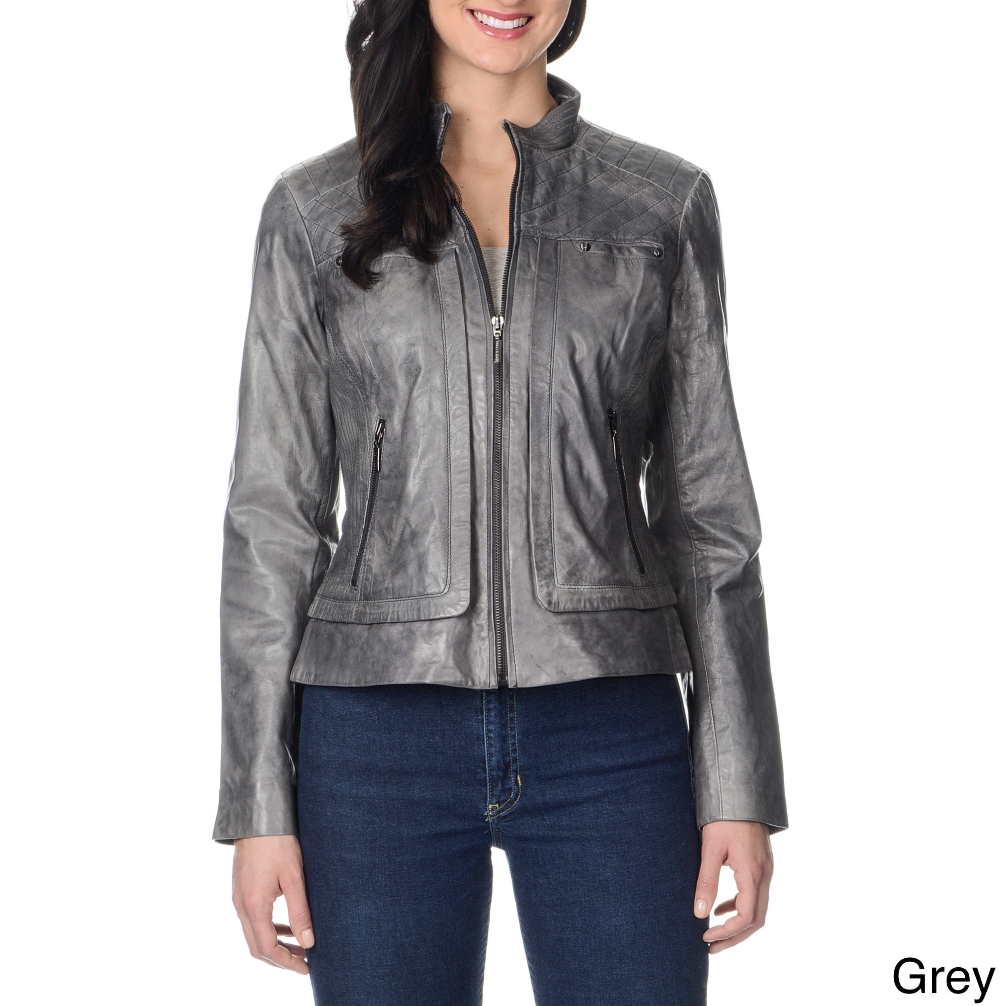 Bernardo Womens Quilted Yoke Leather Jacket