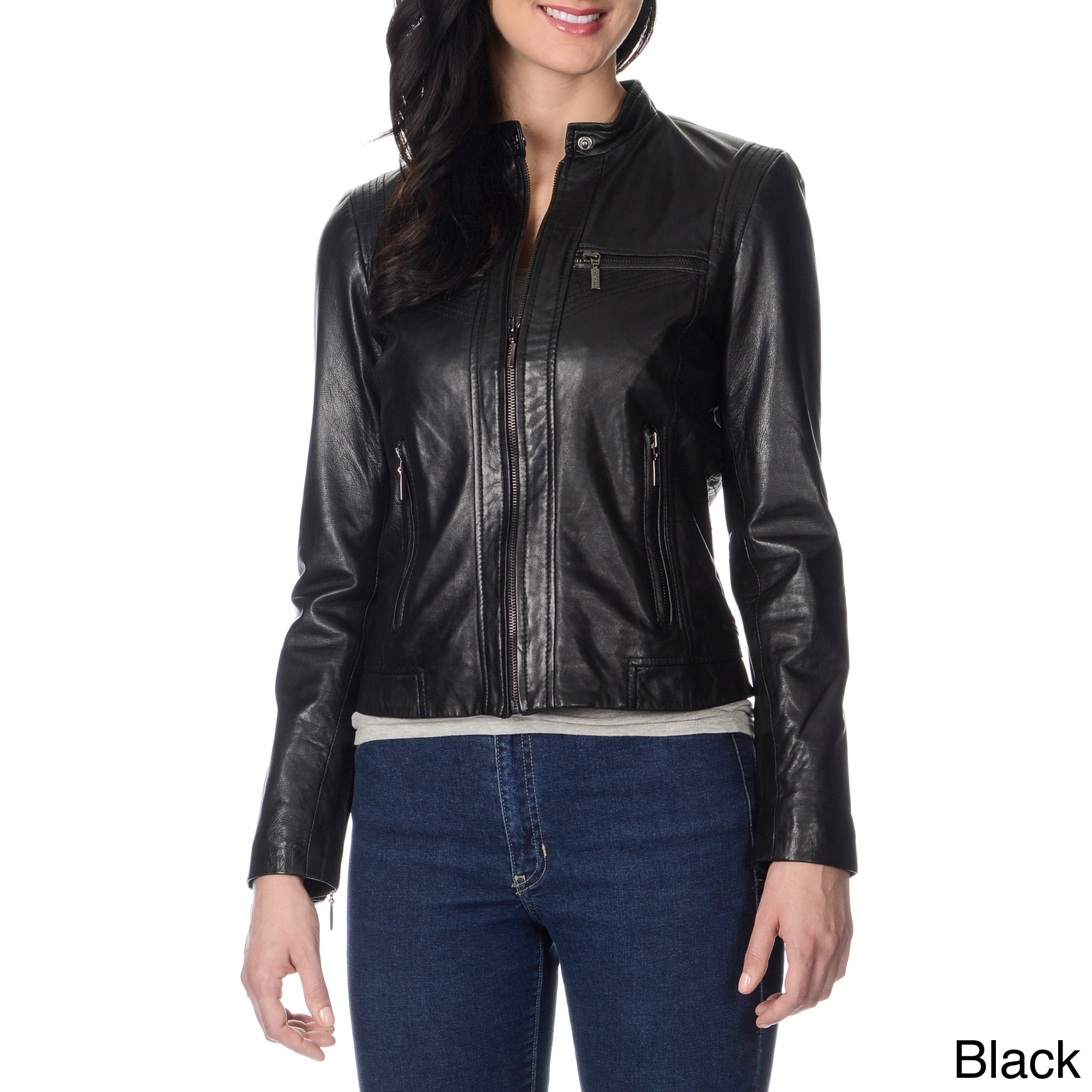 Bernardo Womens Stitch And Zipper Detail Leather Jacket