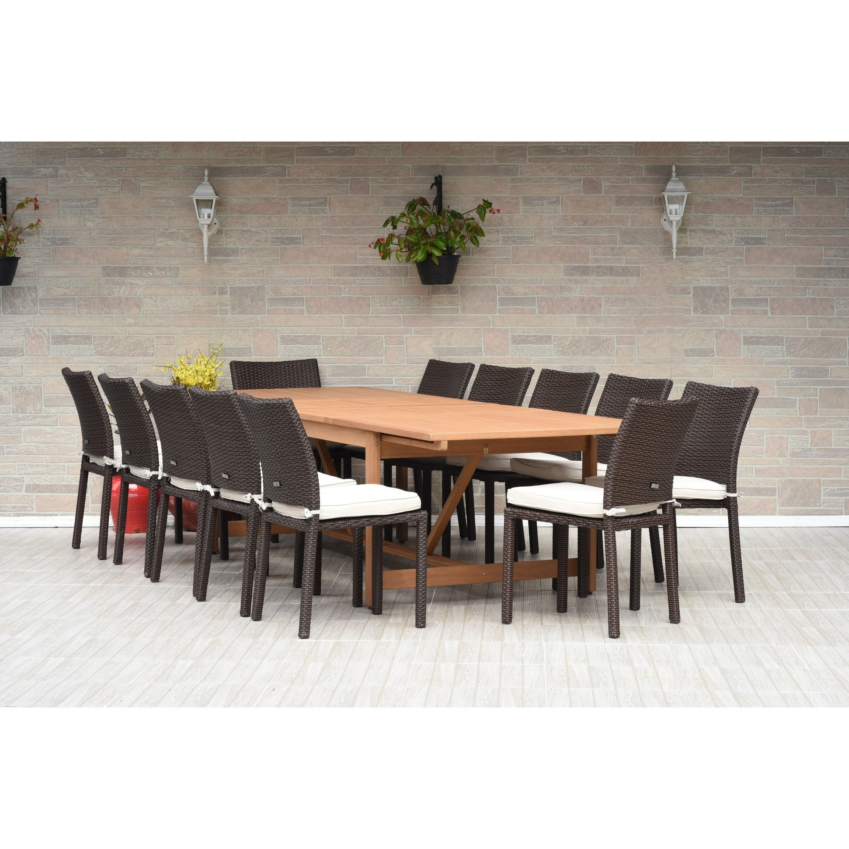 Havenside Home Popham 13 Piece Dining Wood Wicker Double Extendable Set