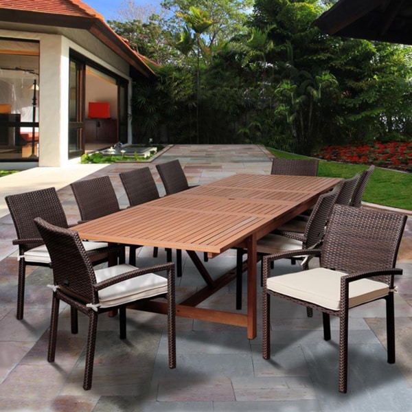Amazonia Audrey 11-piece Dining Eucalyptus Wood/ Wicker Double Extendable Rectangular Dining Set with Off-white Cushions. Opens flyout.